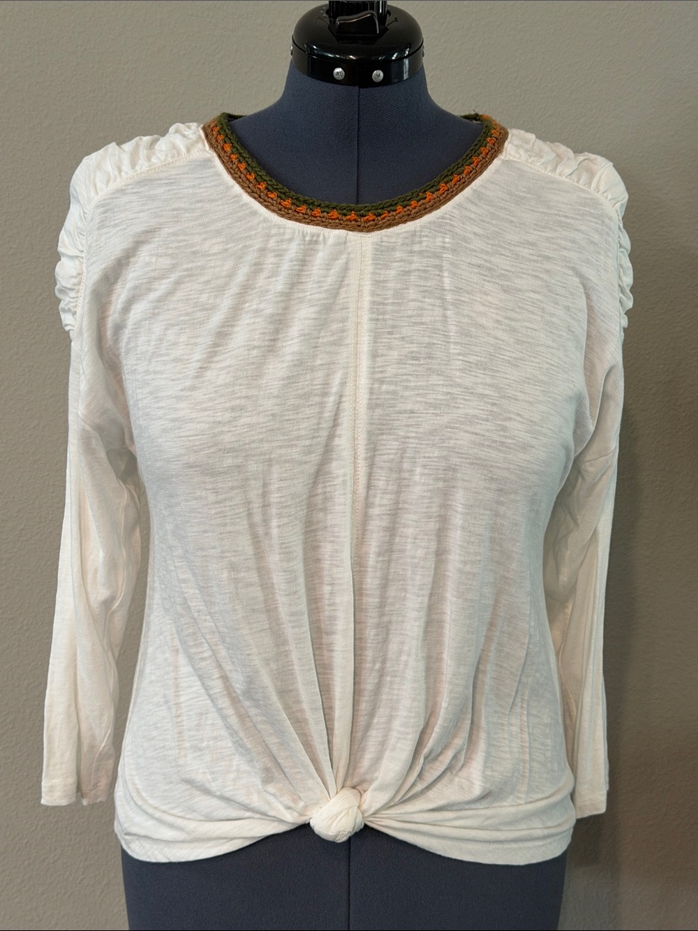 Democracy White Long-Sleeve Knot Front Top with Green & Orange Trim